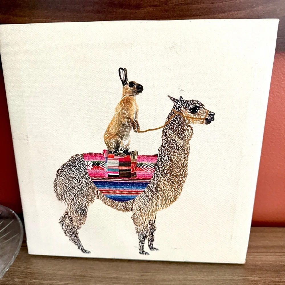 Alpaca with Hare Claudia Schoen Rabbit Llama Art Canvas Wall Hanging Animal Art